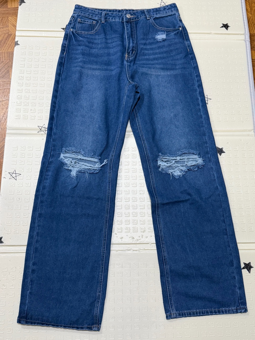 SHEIN Dark Blue Distressed Straight Leg Jeans Tall